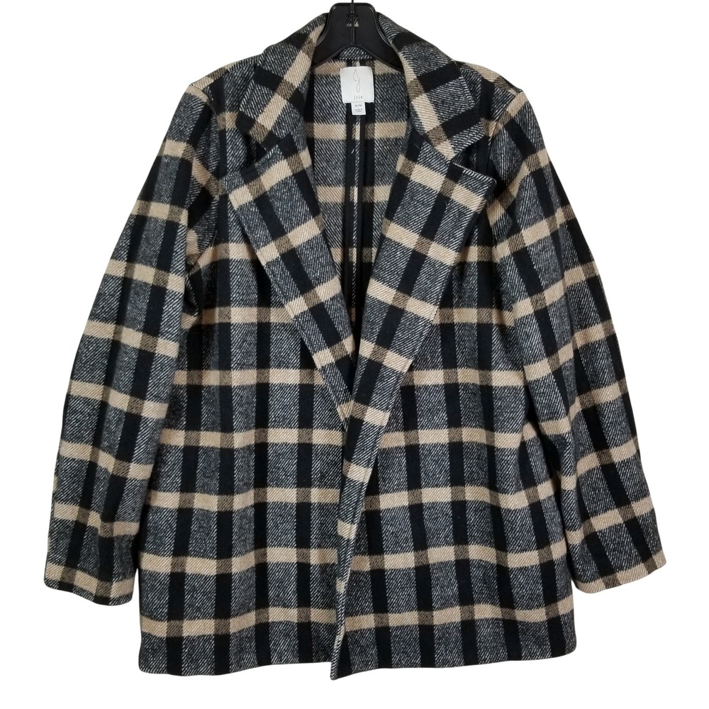 Joie Womens Plaid Wool Blend Open‎ Front Blazer Coat Black Tan Grey Size Medium